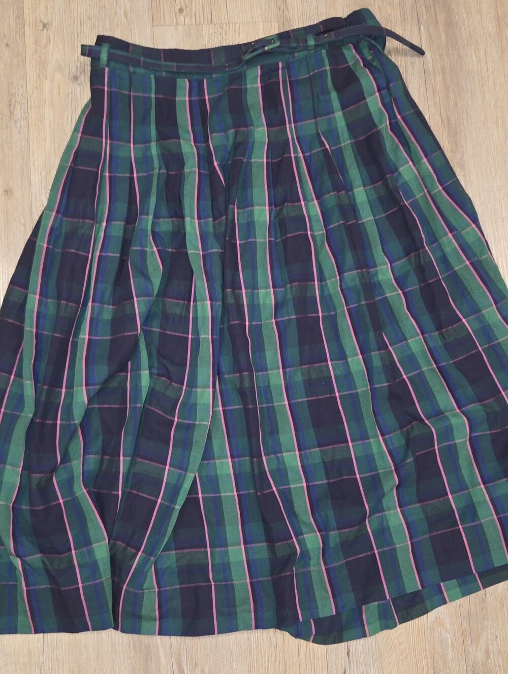 Green and Navy Plaid A-Line Midi Skirt with Pink Stripes